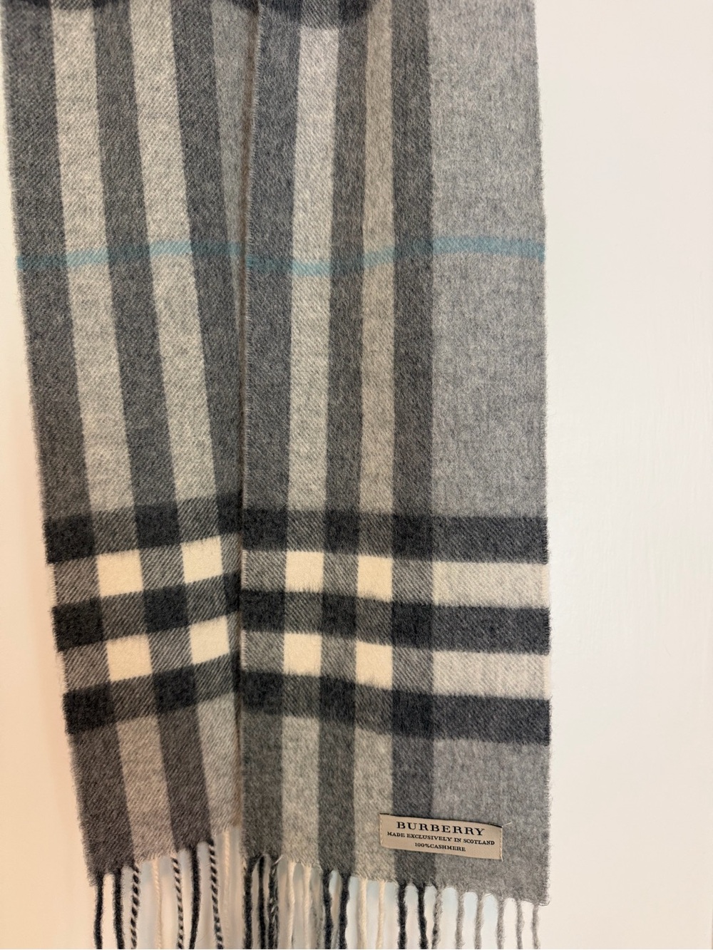 Burberry Gray, Cream and Blue Check Cashmere Scarf